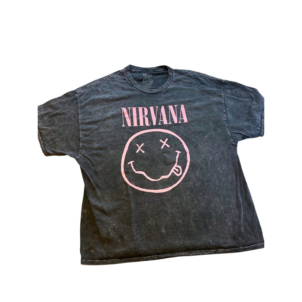 Nirvana Smiley Face Graphic T-Shirt Mens 3X Charcoal Grey Pink Mineral Wash Tee